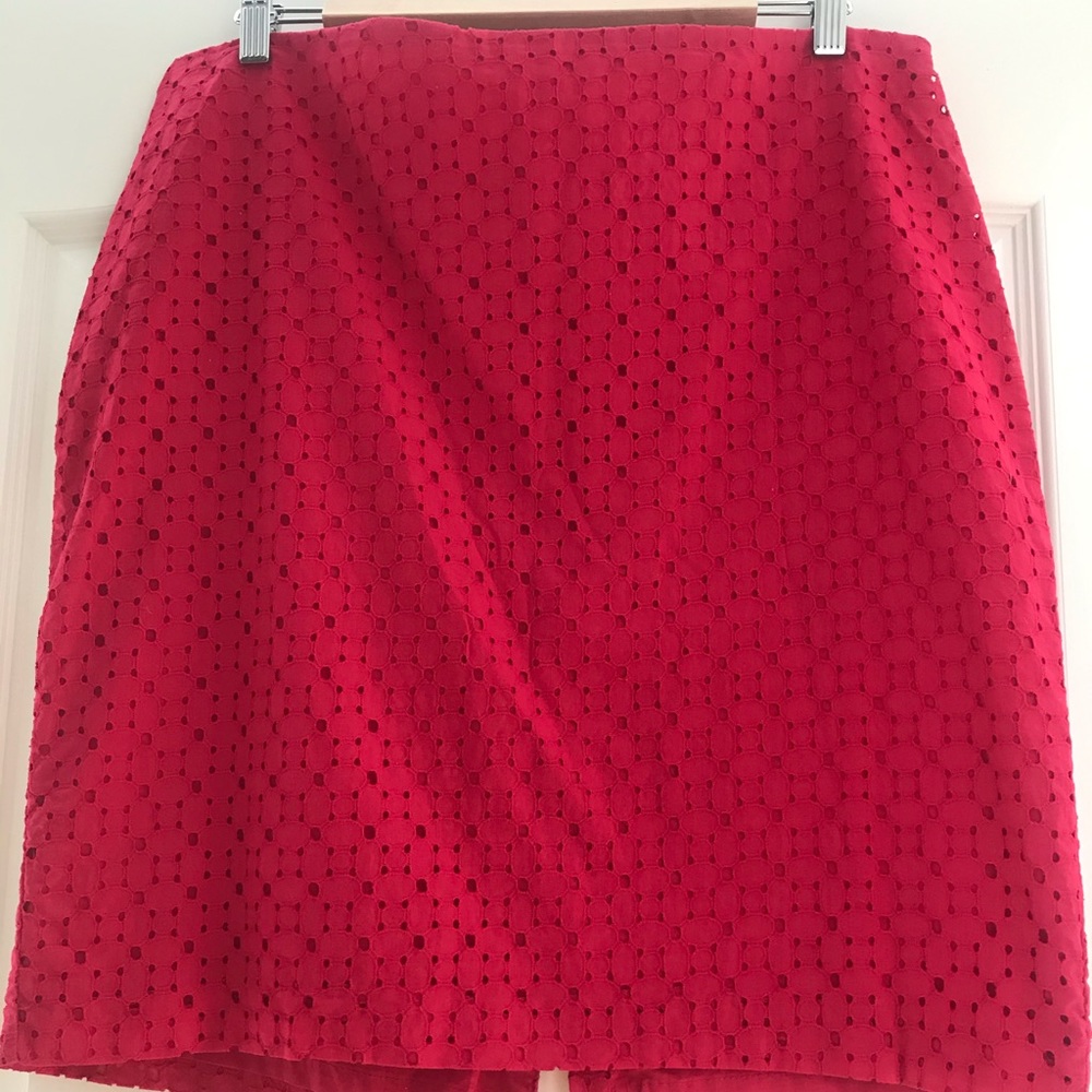 Red Embroidered Eyelet Pencil Skirt